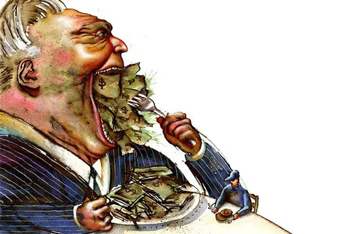 A imagem é uma caricatura que ilustra a ganância e a concentração de renda - pilares do capitalismo. Imagem: SECEOSC
