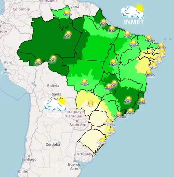 Previsão de chuva para esta sexta (23) em todo o Brasil. (Foto: Inmet/Reprodução)