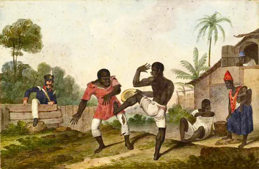 Pintura de Augustus Earle, em 1820, relatando a perseguição à capoeira. Imagem: Augustus Earle