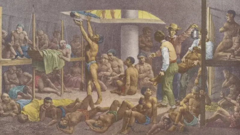Na ilustração, a reprodução de como eram os navios negreiros, que sequestraram quase 5 milhões de pessoas para o trabalho escravizado no Brasil. Fonte: The New York Public Library Digital Collections