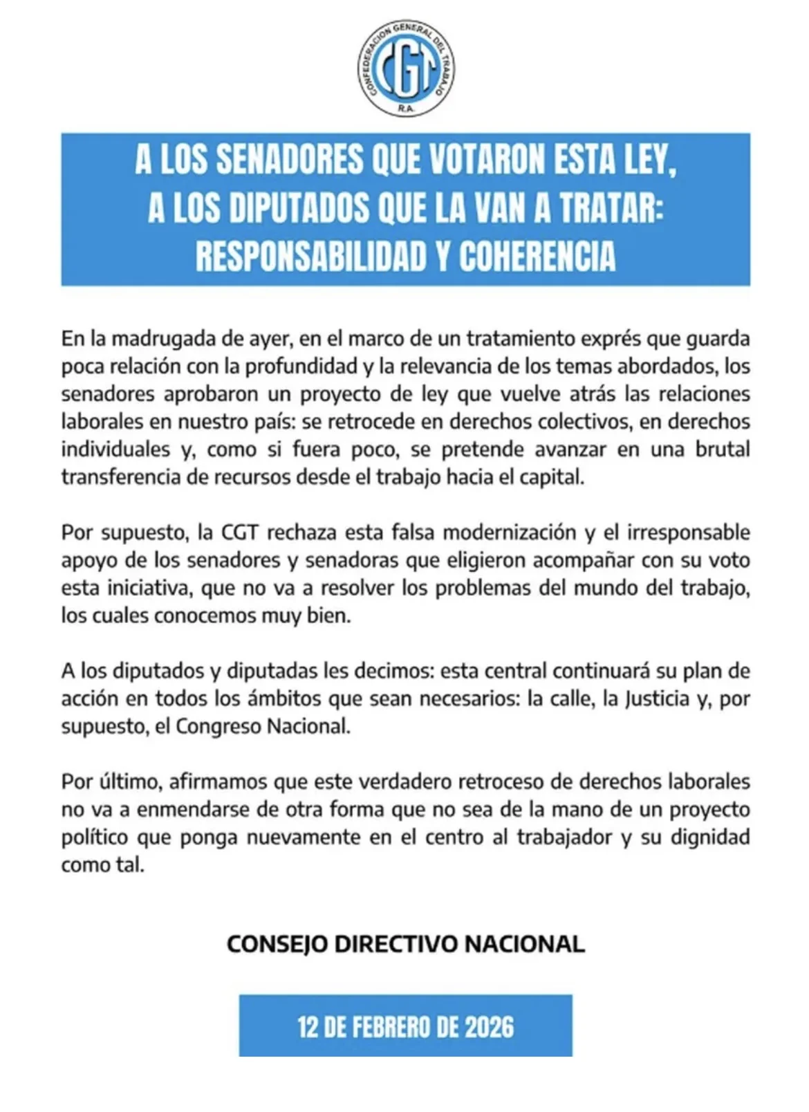Nota de repúdio do CGT em relação à aprovação no Senado da Reforma Trabalhista de Milei. Imagem: Reprodução 