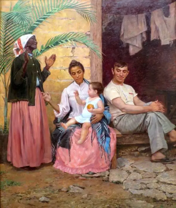 Tela A Redenção de Cam, de Modesto Brocos (1895), representando o branqueamento racial no Brasil pós-abolição. Uma família de três gerações, onde a avó agradece a “redenção” de um neto de cor branca. Imagem: Modesto Brocos