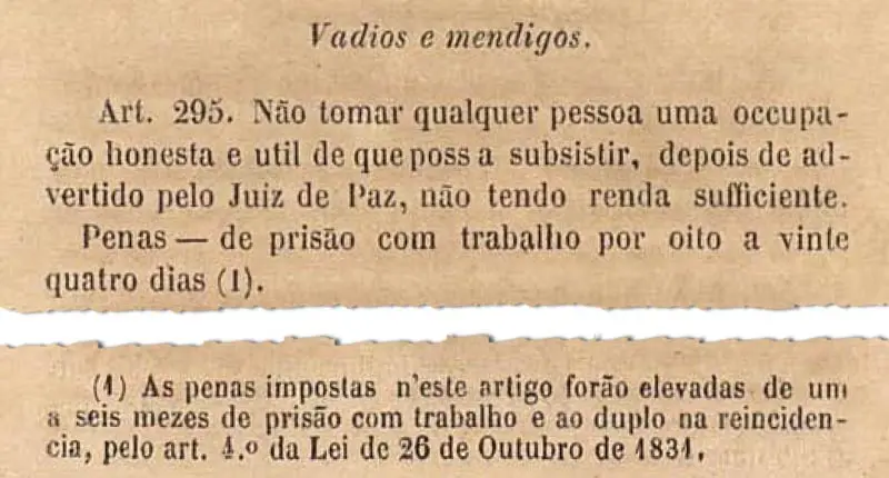 Trecho do Código Criminal de 1830, trazendo a vadiagem como crime. Fonte: Biblioteca do Senado