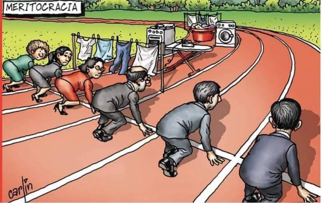 Charge ilustrando os obstáculos impostos às mulheres no mercado de trabalho. Na ilustração, homens e mulheres são posicionados em uma pista de atletismo. Porém, as mulheres disputam uma corrida com obstáculos, representados como atividades domésticas e relacionadas ao cuidado.