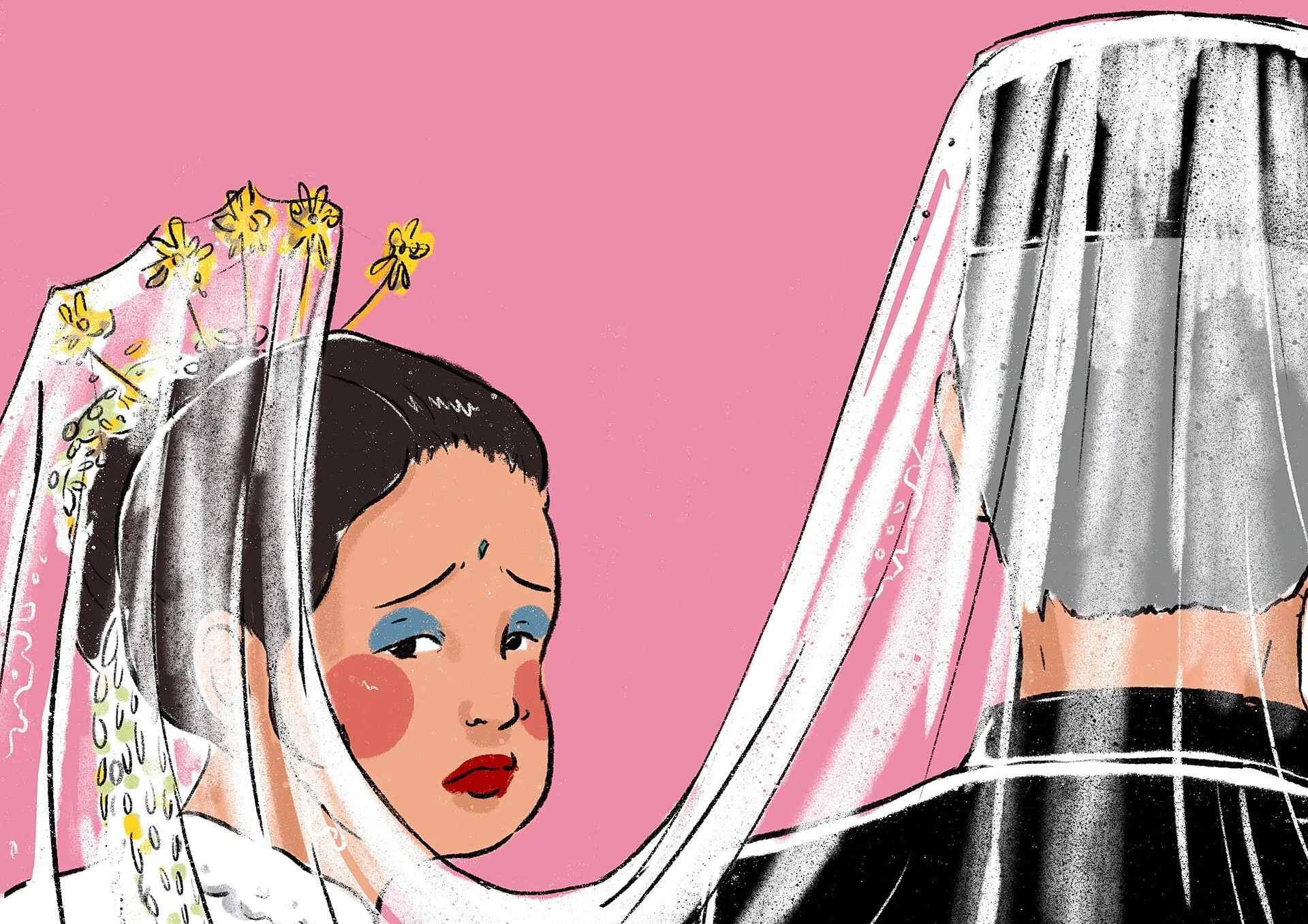 Esta é a ilustração principal da série de podcasts da KBR, Rasminah, a Última Vítima. Ela captura a figura de uma menina que é forçada a se vestir de noiva, olhando para trás e pedindo ajuda.