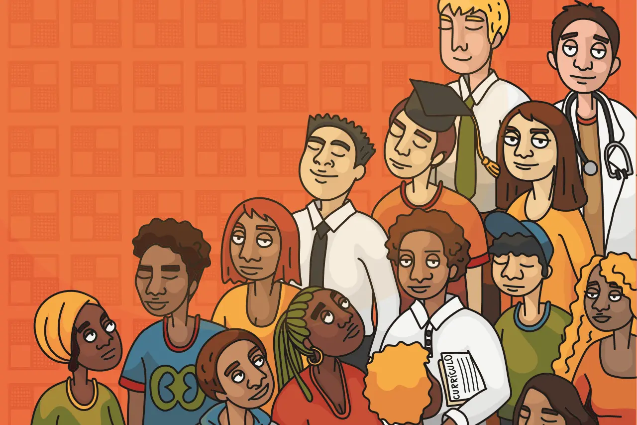 Diversidade existe, mas as oportunidades não são iguais. O racismo estrutural define quem acessa trabalho, renda e poder no Brasil. Ilustração: Yara Santos/Nova Escola