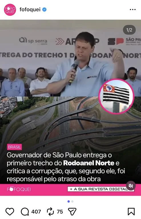 Publicação favorável a Tarcísio de Freitas na 'Alfinetei'