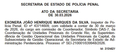 Exoneração de João Henrique Marques da Silva no Diário Oficial. 