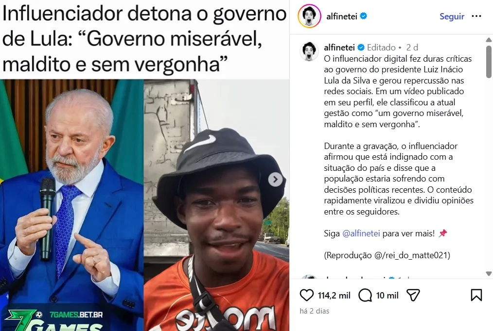 Publicação contra o governo Lula na página 'Alfinetei' Perfis de fofoca nas redes com milhões de seguidores atacam governo Lula e promovem Tarcísio