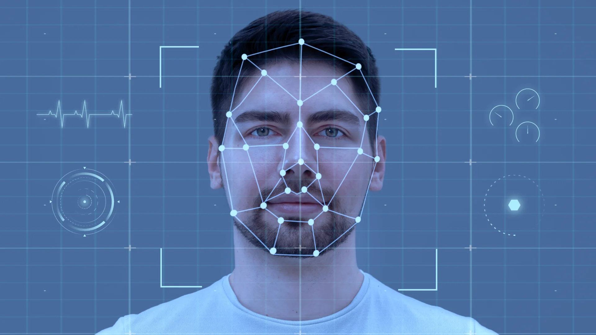 Representação visual da vigilância digital: o rosto de um homem sendo mapeado por uma malha de reconhecimento facial, simbolizando a transformação da identidade humana em dados e algoritmos para as Big Techs.