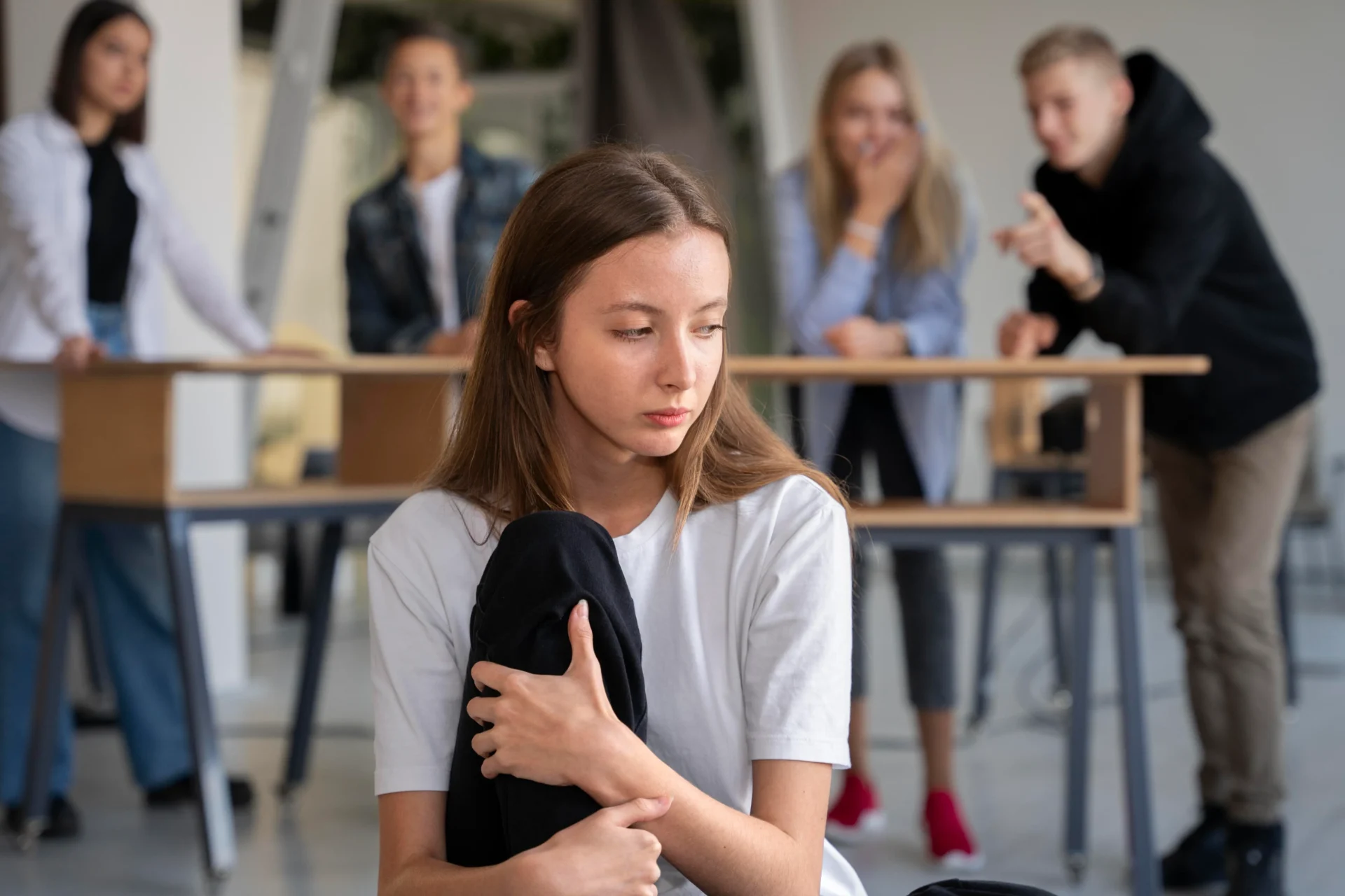 Na foto, uma garota sofre bullying de um grupo de pessoas. Crédito: Freepik 