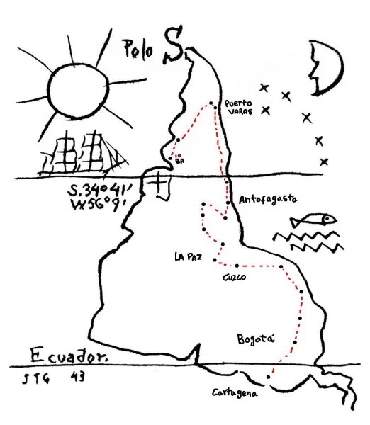 Desenho em traços pretos de Joaquín Torres García mostrando o mapa da América do Sul invertido, com o polo sul no topo. O mapa inclui nomes de cidades como La Paz, Cusco e Bogotá, simbolizando o pensamento decolonial.