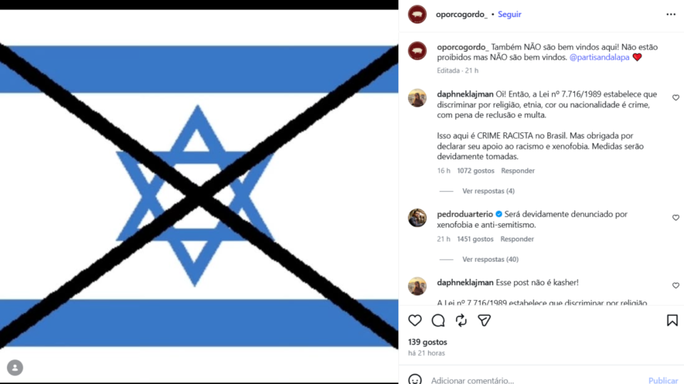 Após bar, restaurante no RJ é multado por postar que cidadãos de Israel ‘não são bem-vindos’