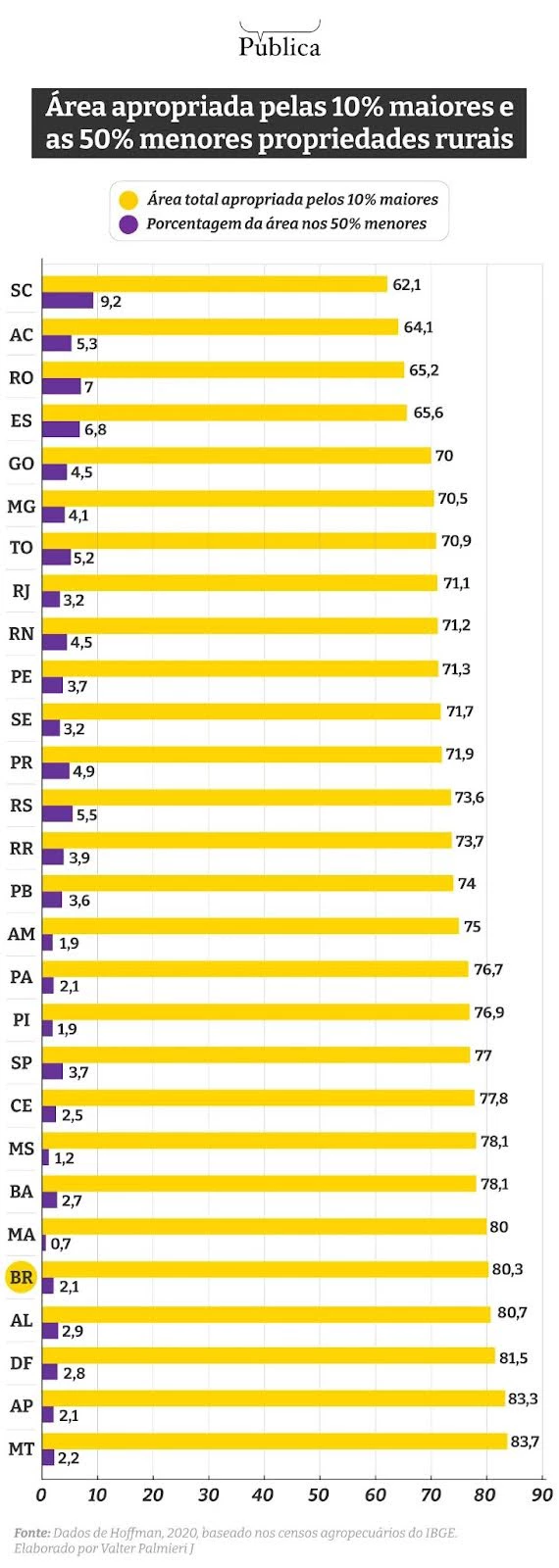 Fonte: Dados de Hoffman, 2020, baseado nos censos agropecuários do IBGE. Elaborado por Valter Palmierij