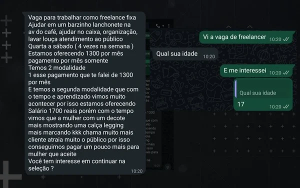 Mensagens mostram recrutador oferecendo salário maior para candidata que aceitasse trabalhar com 'roupas curtas' e 'decote' — Foto: Reprodução 