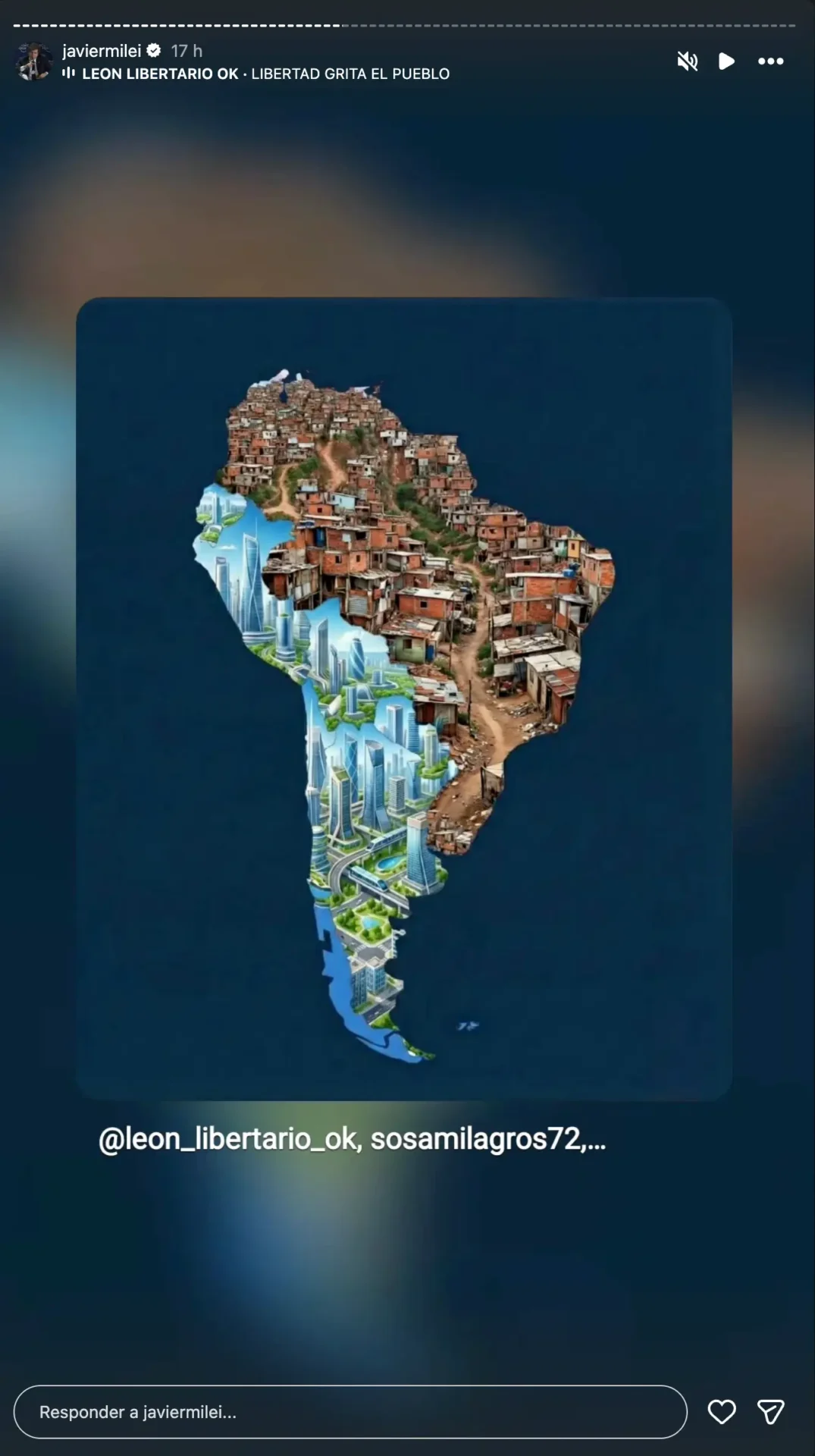 Postagem veículada no Instagram de Javier Milei mostra imagem dividida do mapa da América do Sul, comparando áreas precárias associadas à esquerda com cidades tecnológicas ligadas à direita. O uso estratégico das redes sociais por líderes como Javier Milei permite a disseminação de mensagens polarizadas que simplificam problemas complexos e reforçam divisões sociais no ambiente digital.