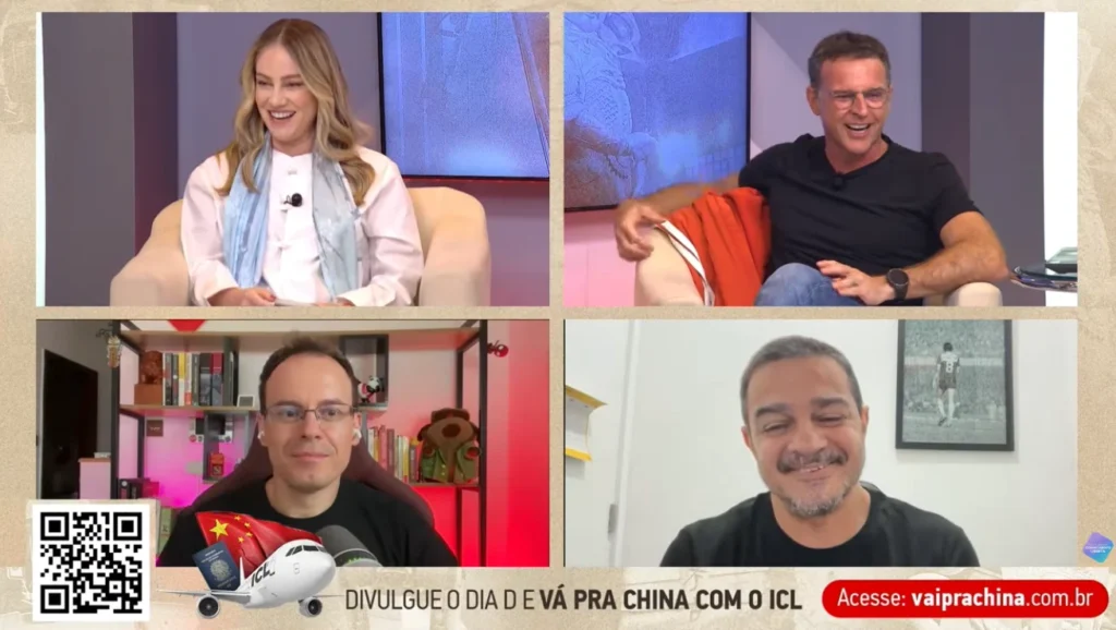 Juliana Baroni, Eduardo Moreira, Felipe Durante e Elias Jabbour conversaram ao vivo, após exibição do documentário Vai Pra China, Eduardo. Foto: reprodução Youtube ICL