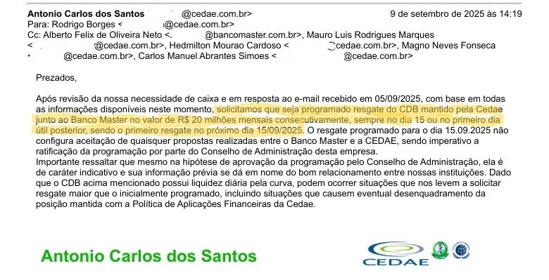 Email de Antonio Carlos dos Santos propõe parcelamento ao Master
