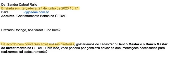 Email entre executiva do Banco Master e gerente da Cedae