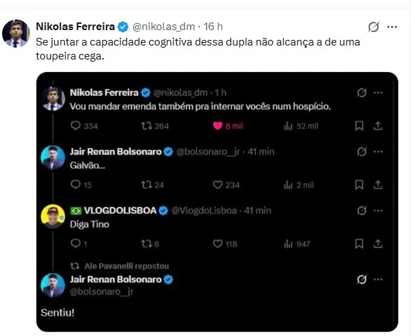 Nikolas Ferreira e Jair Renan Bolsonaro trocaram ataques