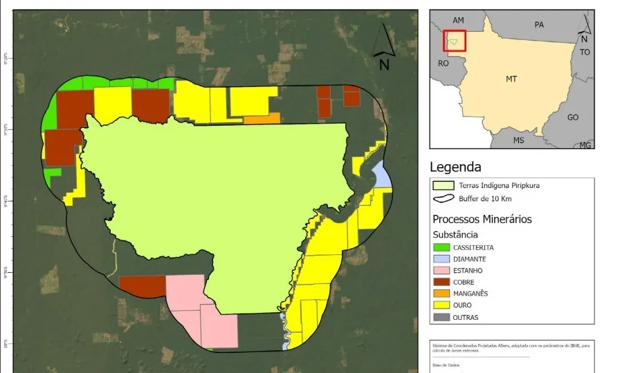 Mapa ilustra a distribuição espacial desses processos por substância no entorno da TI Piripkura. (Fonte: Monitoramento de Pressões e Ameaças, OPAN (2025))
