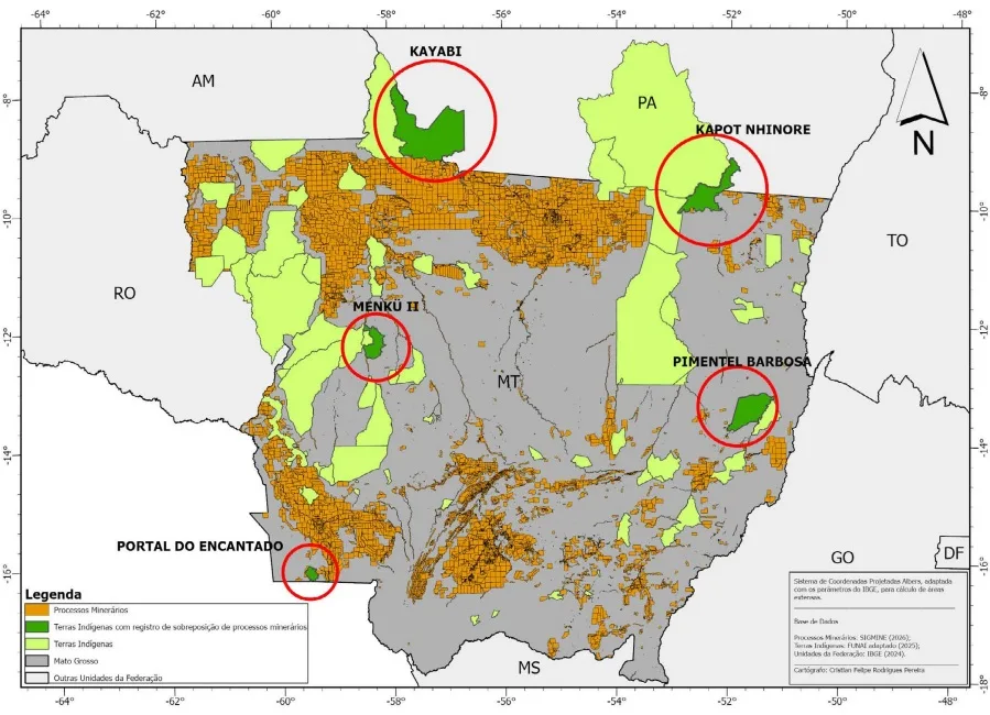 Mapa com a localização das terras indígenas que apresentam processos minerários sobrepostos em seus limites. (Fonte: Monitoramento de Pressões e Ameaças, OPAN (2025))