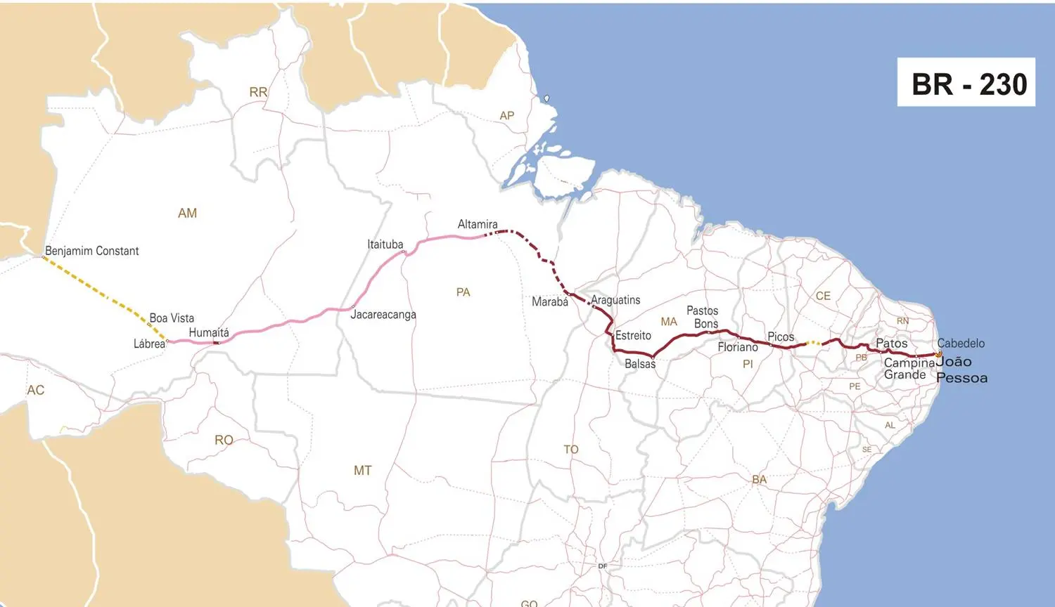 Mapa do território brasileiro destacando o traçado da rodovia BR-230, a Transamazônica, cruzando do Nordeste ao Norte do país. O projeto representa as grandes obras de infraestrutura do chamado milagre econômico, que impulsionou o PIB na década de 1970, mas deixou como herança o aumento da dívida externa e a concentração de renda.