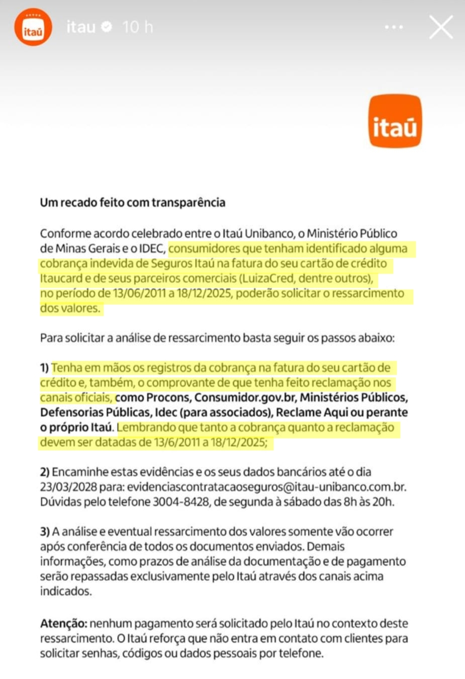 Comunicado do Itaú