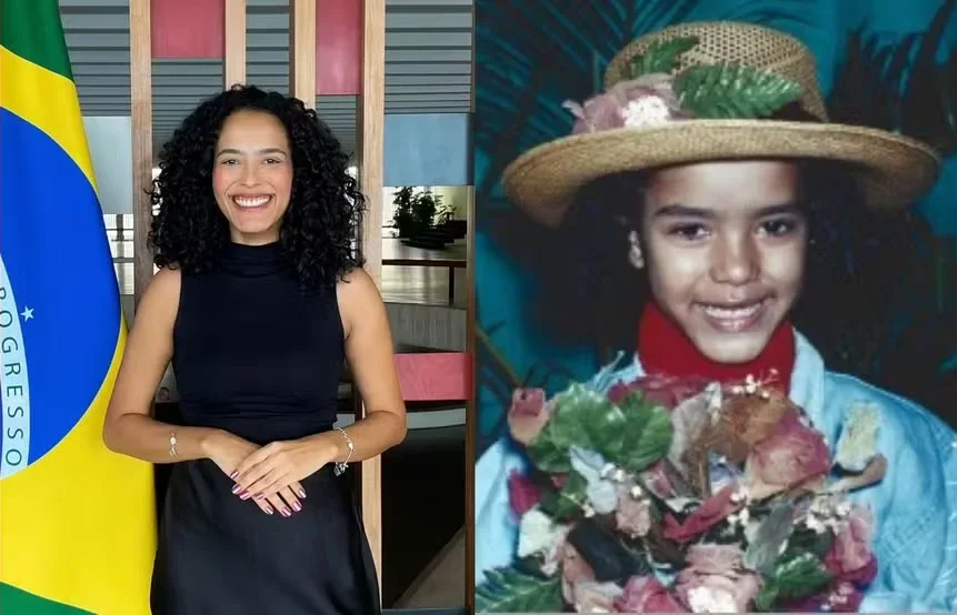 Flávia Medeiros, à esqueda com 29 anos, e à direita quando era criança — Foto: Arquivo pessoal/Reprodução