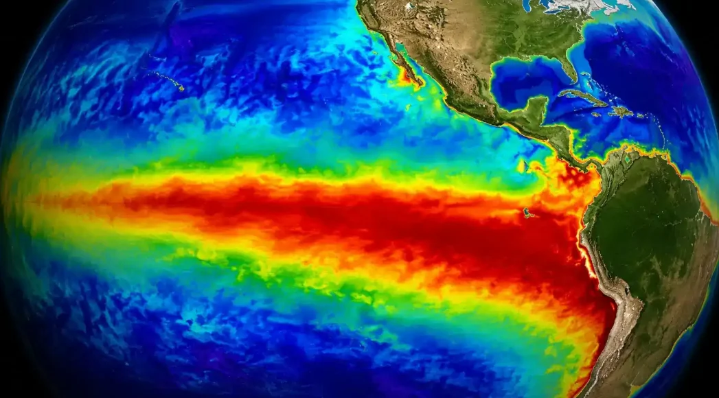 Mapa mostra o aquecimento anormal das águas do Oceano Pacífico Equatorial durante um evento de El Niño. As áreas em vermelho indicam temperaturas acima da média, condição que altera a circulação atmosférica e influencia regimes de chuva, seca e calor em diferentes regiões do planeta. Foto: Google Imagens