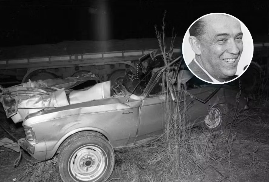 Juscelino Kubitschek: Opala destruído após colisão que matou ex-presidente, em 1976 — Foto: Arquivo/Agência O GLOBO