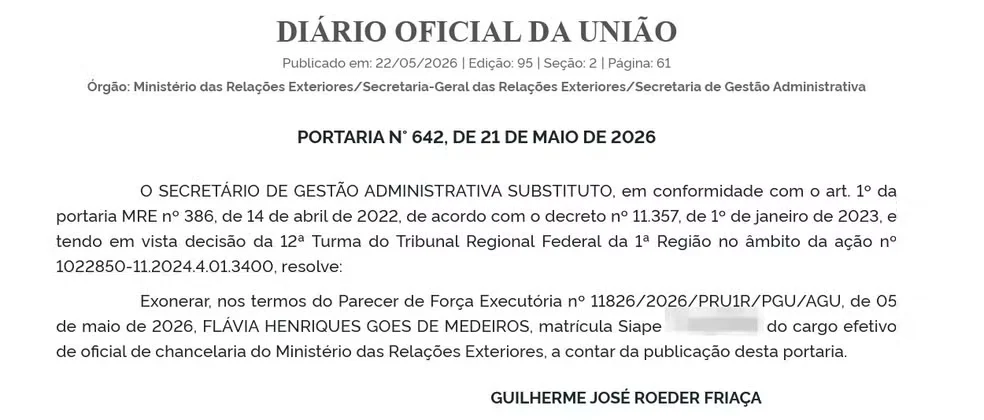 Decisão de exoneração no Diário Oficial da União. Foto: Reprodução