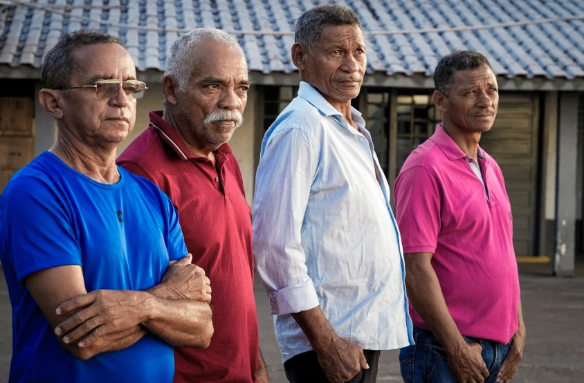 Os lavradores que trabalharam na juventude na Fazenda Volkswagen, durante a ditadura militar. Da esquerda para direita: Pedro Valdo Pereira Vasconcelos, José Ribamar, Raul Batista e Raimundo Batista (Foto: Fernando Martinho/Repórter Brasil)