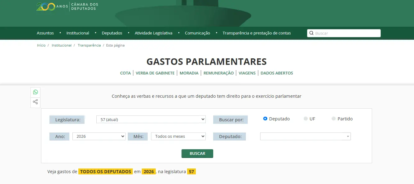 Interface do Portal da Transparência da Câmara dos Deputados, exibindo os filtros de pesquisa que podem ser aplicados para acompanhar o uso dos recursos públicos. 
