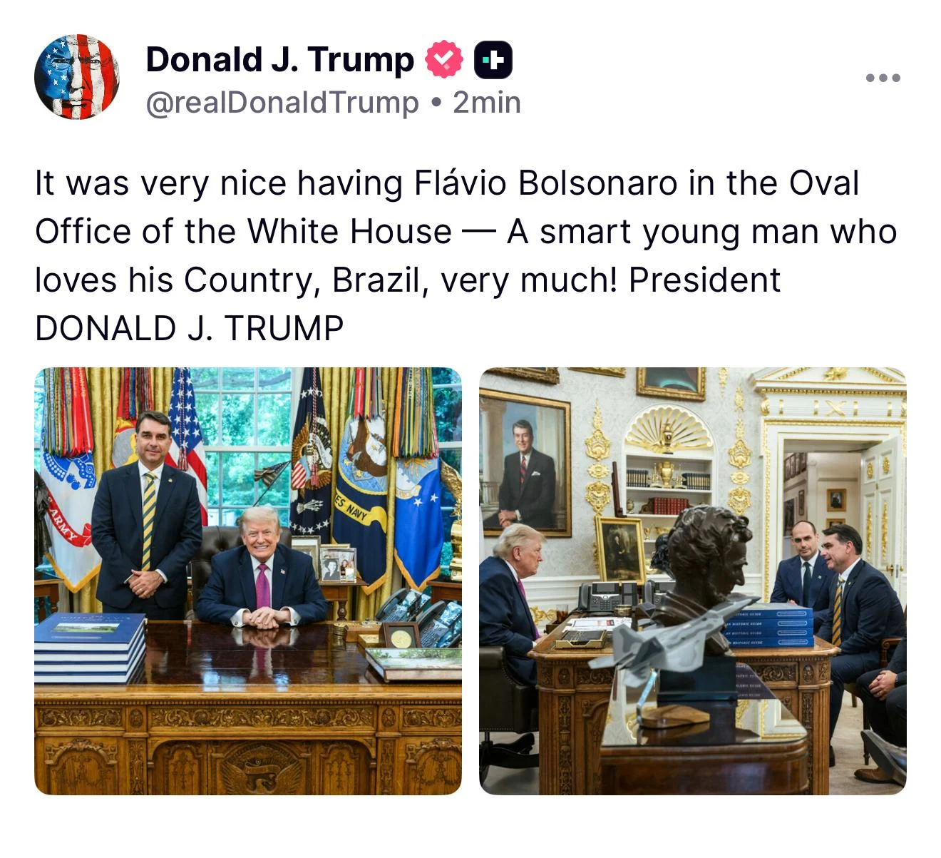 Donald Trump publica fotos ao lado de Flávio Bolsonaro