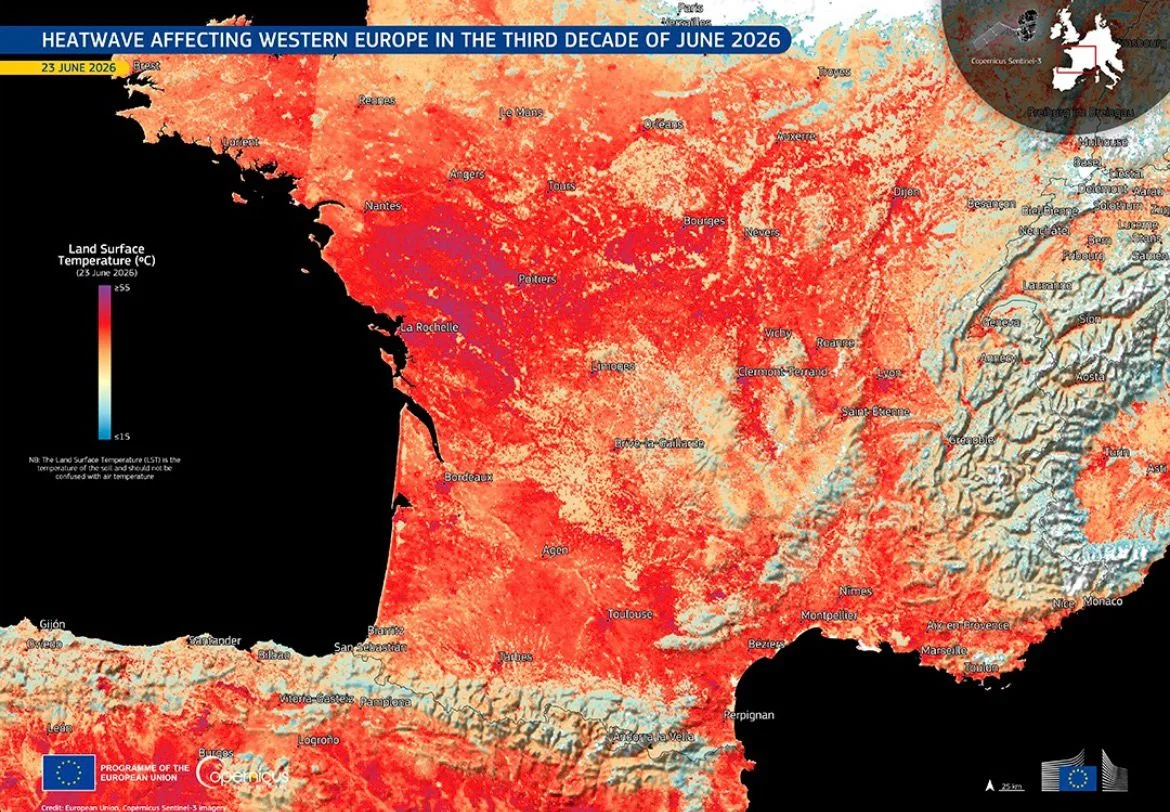 Onda de calor extremo na Europa. Foto: Dados do Copernicus Sentinel (2026), processados pela ESA
