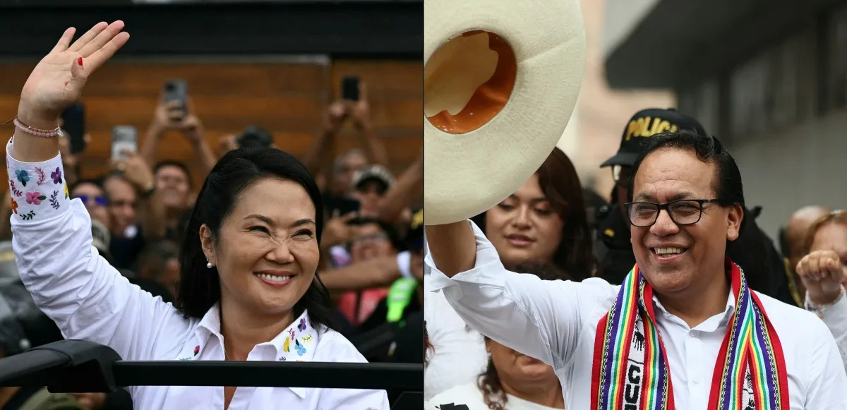 A candidata conservadora Keiko Fujimori e o candidato da esquerda Roberto Sánchez | Crédito: Ernesto Benavides / AFP