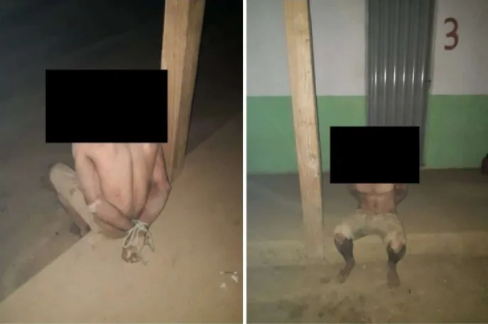 “Trabalhador agredido e amarrado pelos pulsos e pernas em uma coluna de alojamento na Carvoaria Mirador. Segundo o relatório de fiscalização, a imagem foi registrada por um encarregado e exibida por ele em outras unidades de produção do grupo como forma de intimidação, acompanhada da frase: ‘assim que eu faço com quem não quer trabalhar’. A história foi contada pela Repórter Brasil, em reportagem publicada em 2025 | Crédito: Reprodução/MTE