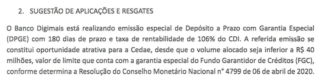 Documento detalha condições de investimento no Digimais