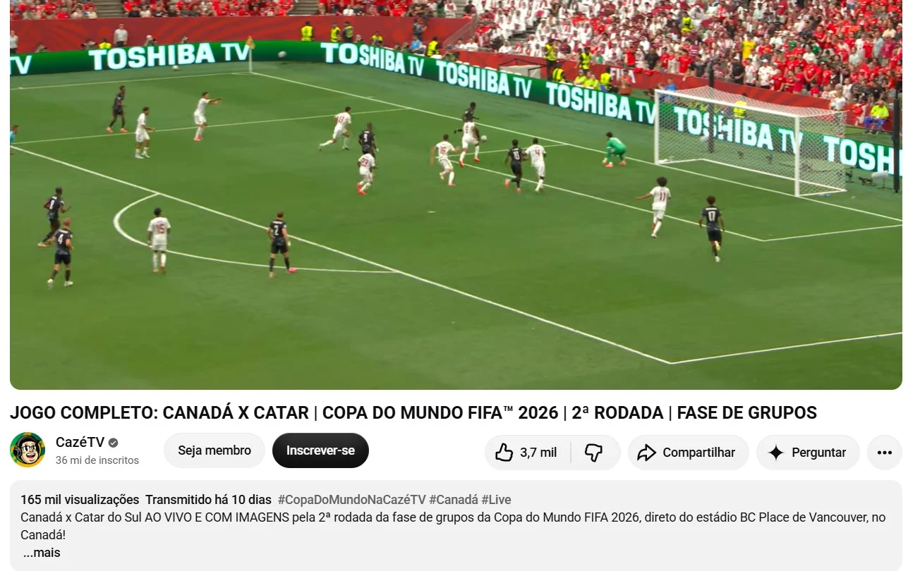 Número de visualizações da íntegra da transmissão de Canadá x Catar.