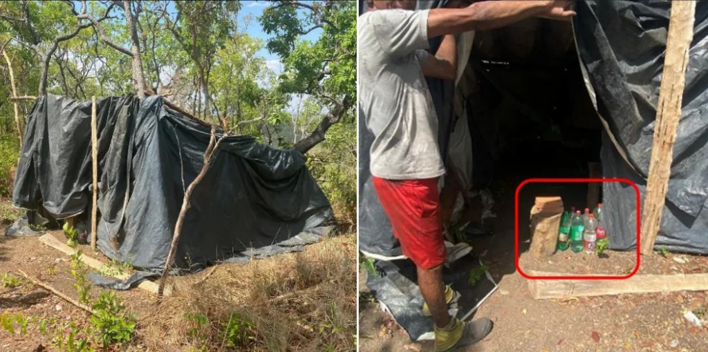 Interior e exterior da moradia improvisada onde vivia o casal resgatado de trabalho escravo em unidade do grupo Mata Fria. Sem ventilação e sob sol forte, os trabalhadores utilizavam garrafas PET com água (detalhe à direita) para molhar o corpo durante a noite e tentar amenizar o calor sufocante dentro do barraco | Crédito: Reprodução/MTE