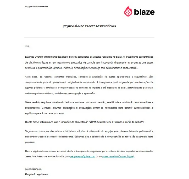 Comunicado da Blaze aos trabalhadores | Crédito: Foto: Divulgação
