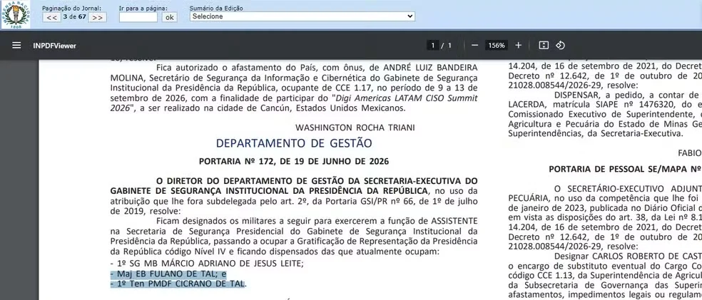 Portaria no 'DOU' com as designações do major 'Fulano de Tal' e do tenente 'Cicrano de Tal', em destaque — Foto: Reprodução/'Diário Oficial da União'