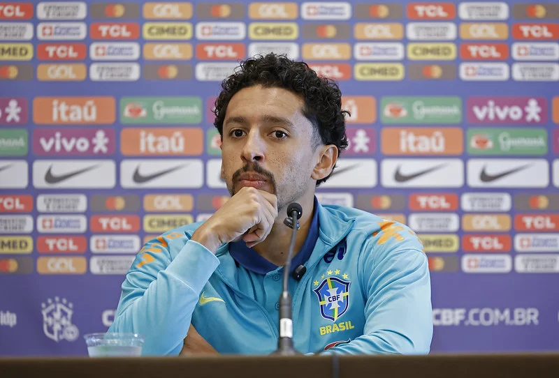 Marquinhos durante entrevista coletiva nessa quarta-feira 19/06.Foto: Rafael Ribeiro/CBF
