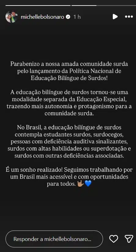 Publicação de Michelle Bolsonaro no story do Instagram. Foto: Divulgação
