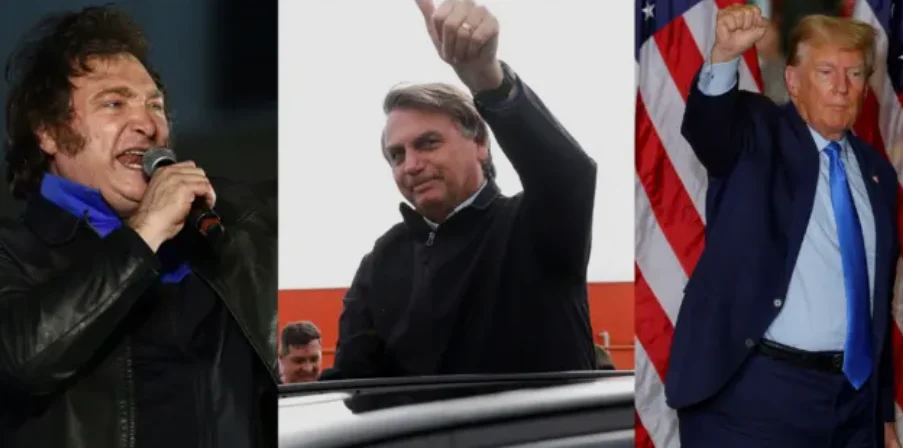 Trump, Milei e Bolsonaro são frequentemente comparados pelo discurso antissistema, pelo apelo direto ao eleitorado via redes sociais e pela postura crítica às elites políticas tradicionais. Foto: reprodução