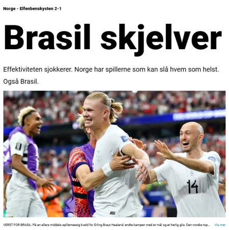 Manchete do jornal noruguês Dagbladet sobre confronto das oitavas da Copa: 'O Brasil está tremendo'… - Veja mais em https://www.uol.com.br/esporte/futebol/ultimas-noticias/2026/06/30/brasil-esta-tremendo-imprensa-internacional-avalia-duelo-contra-noruega.ghtm?cmpid=copiaecola