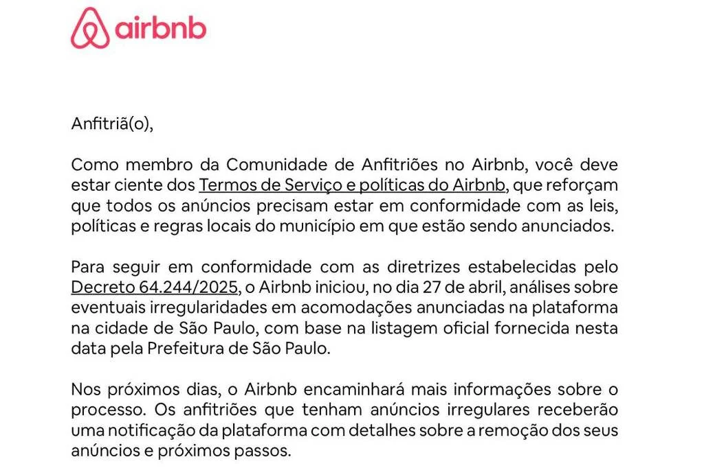 Airbnb enviou notificação a anfitriões sobre remoção de anúncios com habitação popular por email e aplicativo em maio - Reprodução - 5.mai.2026
