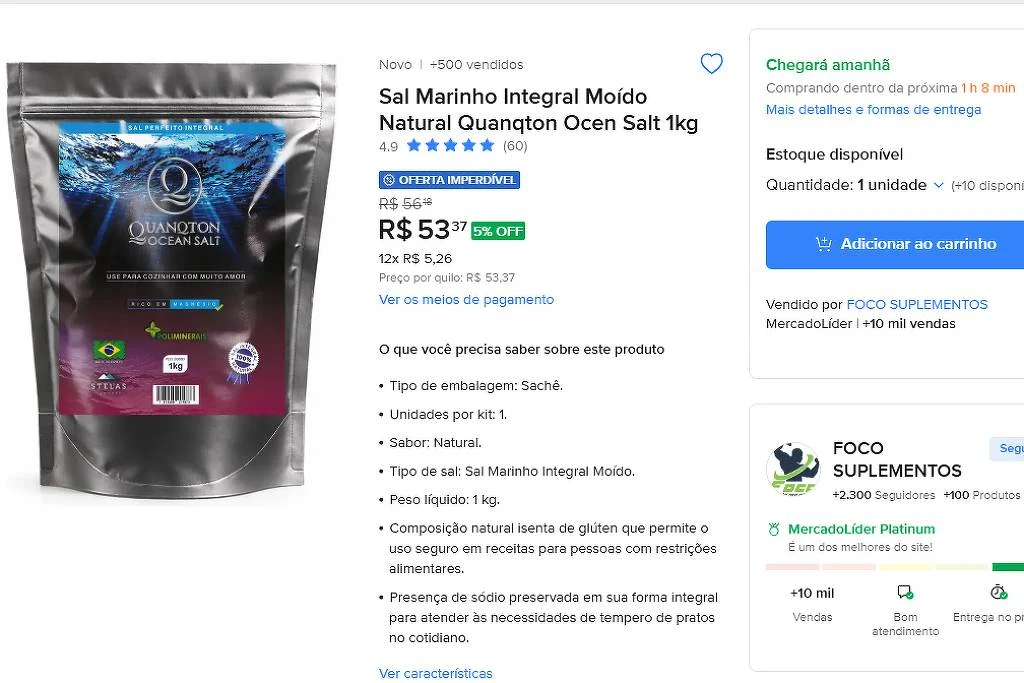 O sal Quanqton Ocean Salts foi proibido pela Anvisa e é comercializado em sites como Mercado Livre - Reprodução - 09.ago.26/Mercado Livre