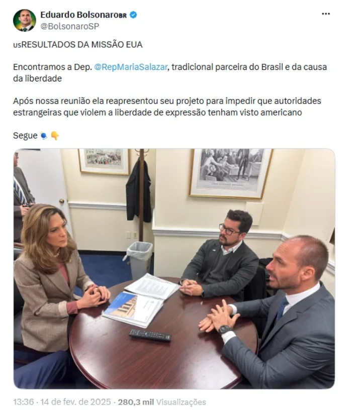 Eduardo Bolsonaro e Paulo Figueiredo durante encontro com a deputada Maria Salazar em fevereiro de 2025